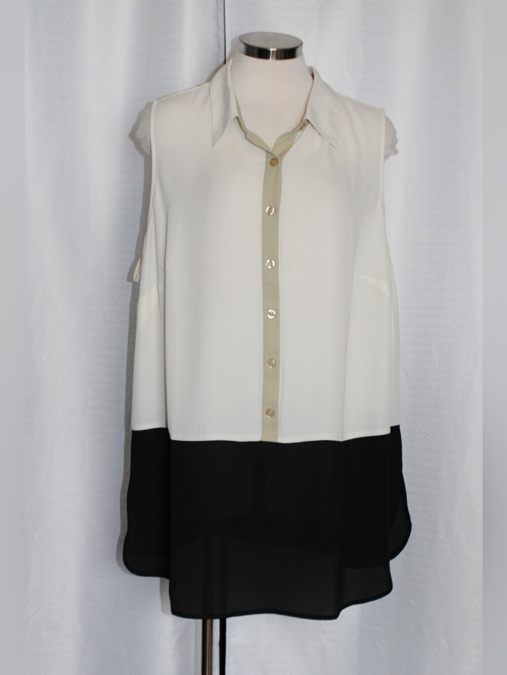 CJ Banks Cream Tan Black Sheer Button Up Blouse 2X